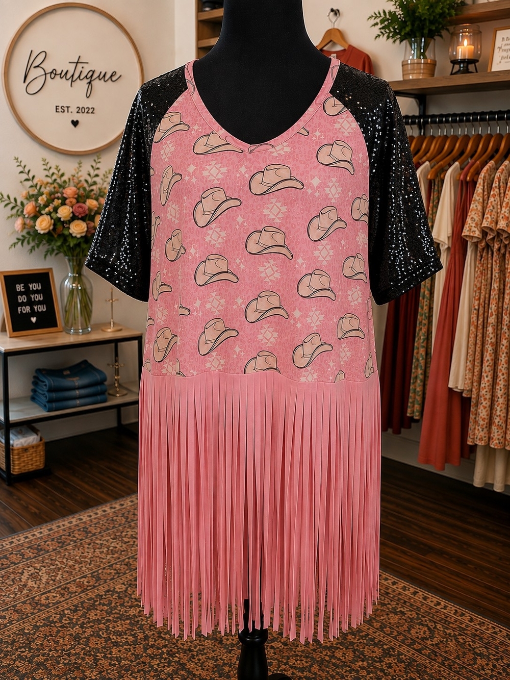 Pink Fringe Cowboy Hat Print Top with Black Sequin Sleeves